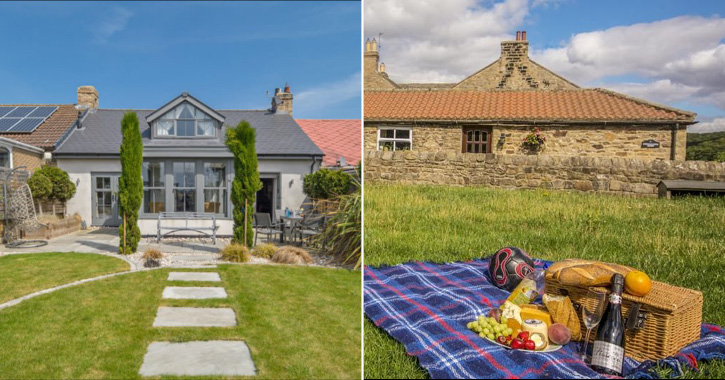 View of Number Nine holiday Cottage and a picnic in a field with Swallows Nest cottage in background